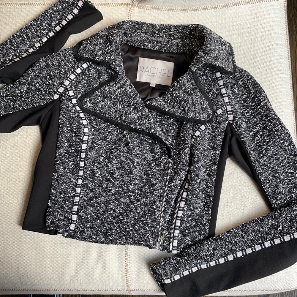 RACHEL RACHEL ROY BLACK WHITE TWEED MOTO CROPPED JACKET